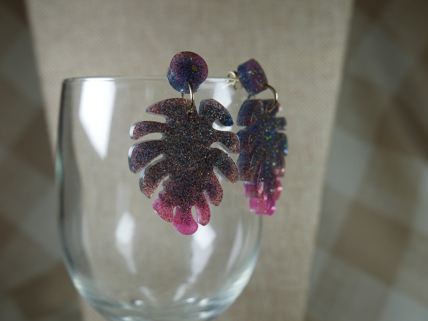 Resin Sparkly Black and Pink Leaf Earrings