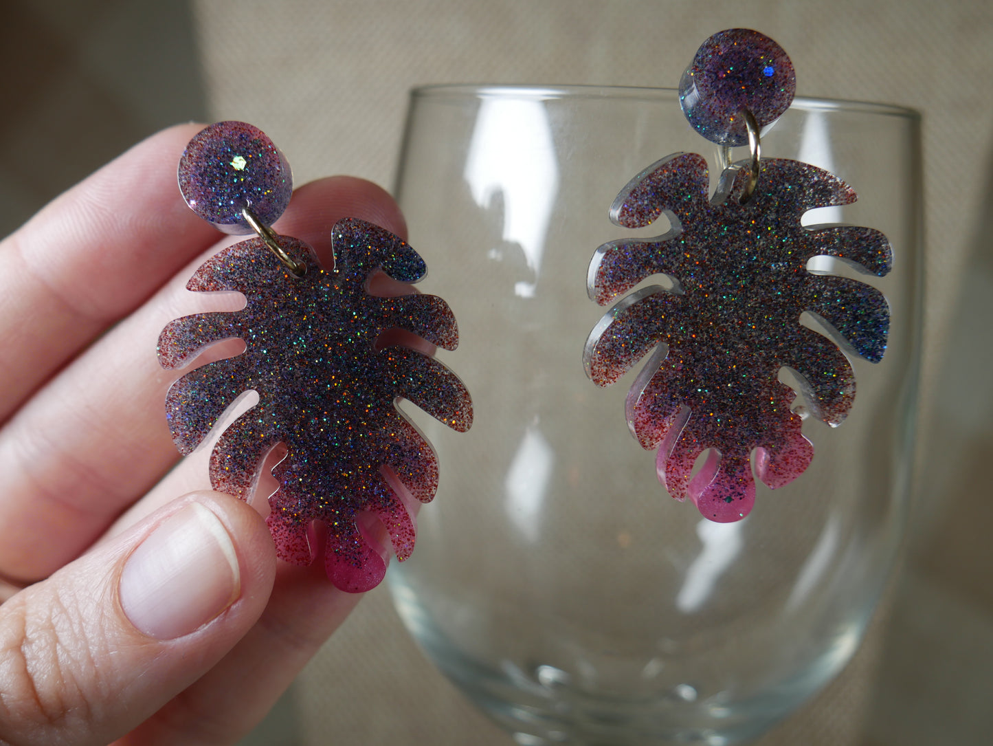 Resin Sparkly Black and Pink Leaf Earrings