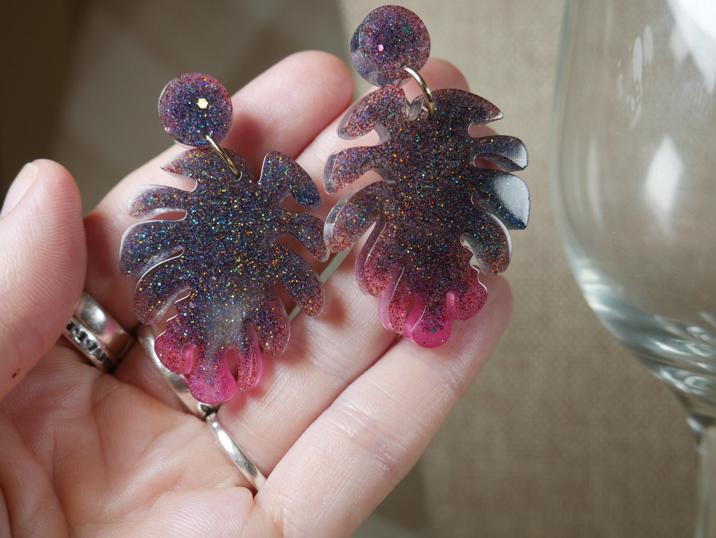 Resin Sparkly Black and Pink Leaf Earrings