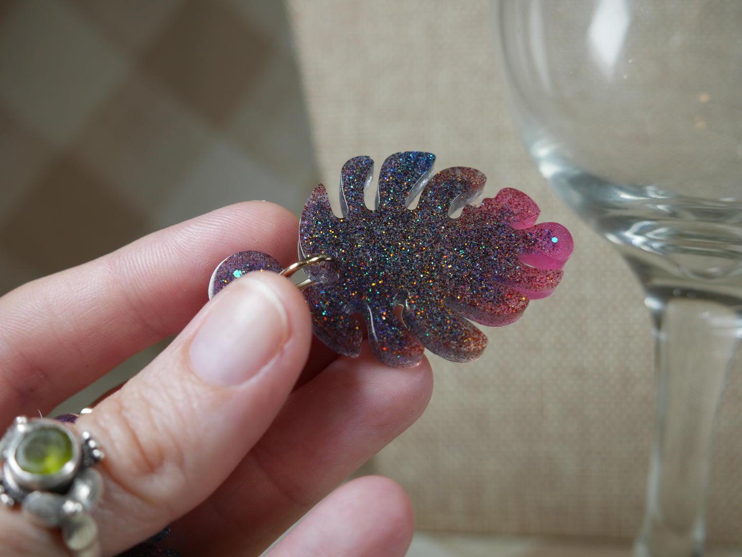 Resin Sparkly Black and Pink Leaf Earrings