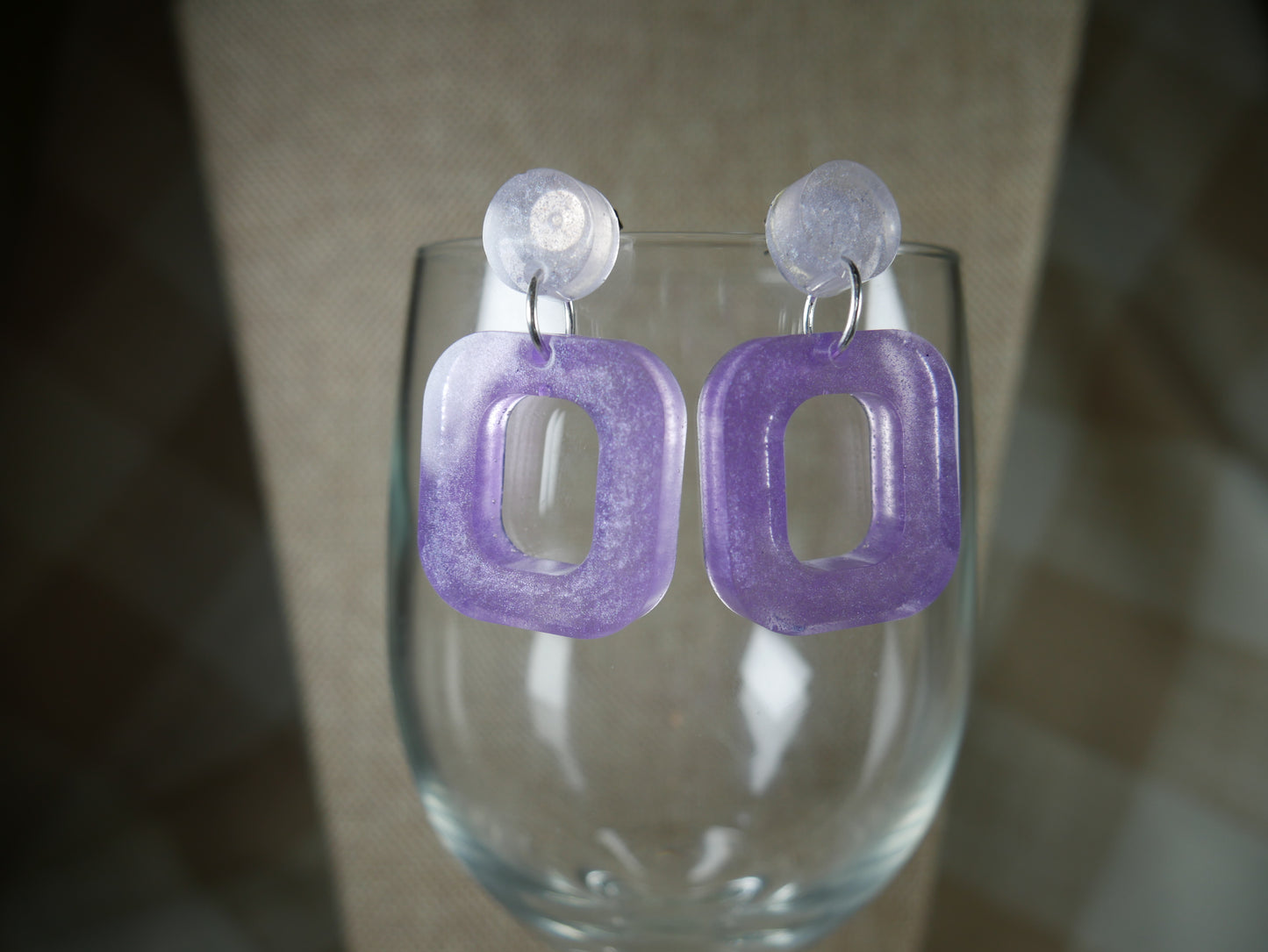 Resin Purple and White Square Earrings