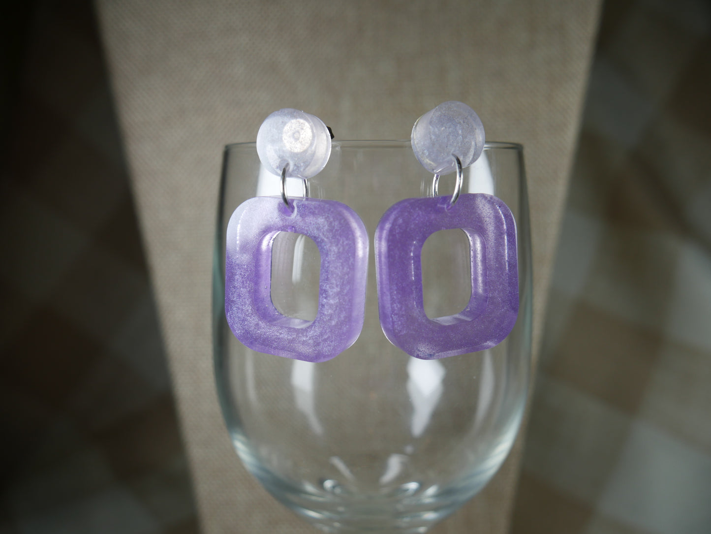 Resin Purple and White Square Earrings