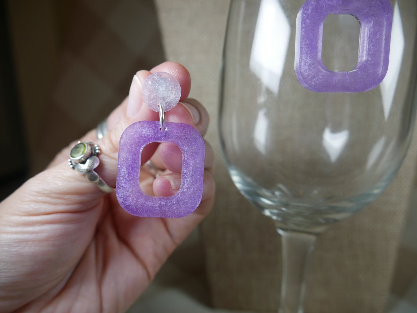 Resin Purple and White Square Earrings