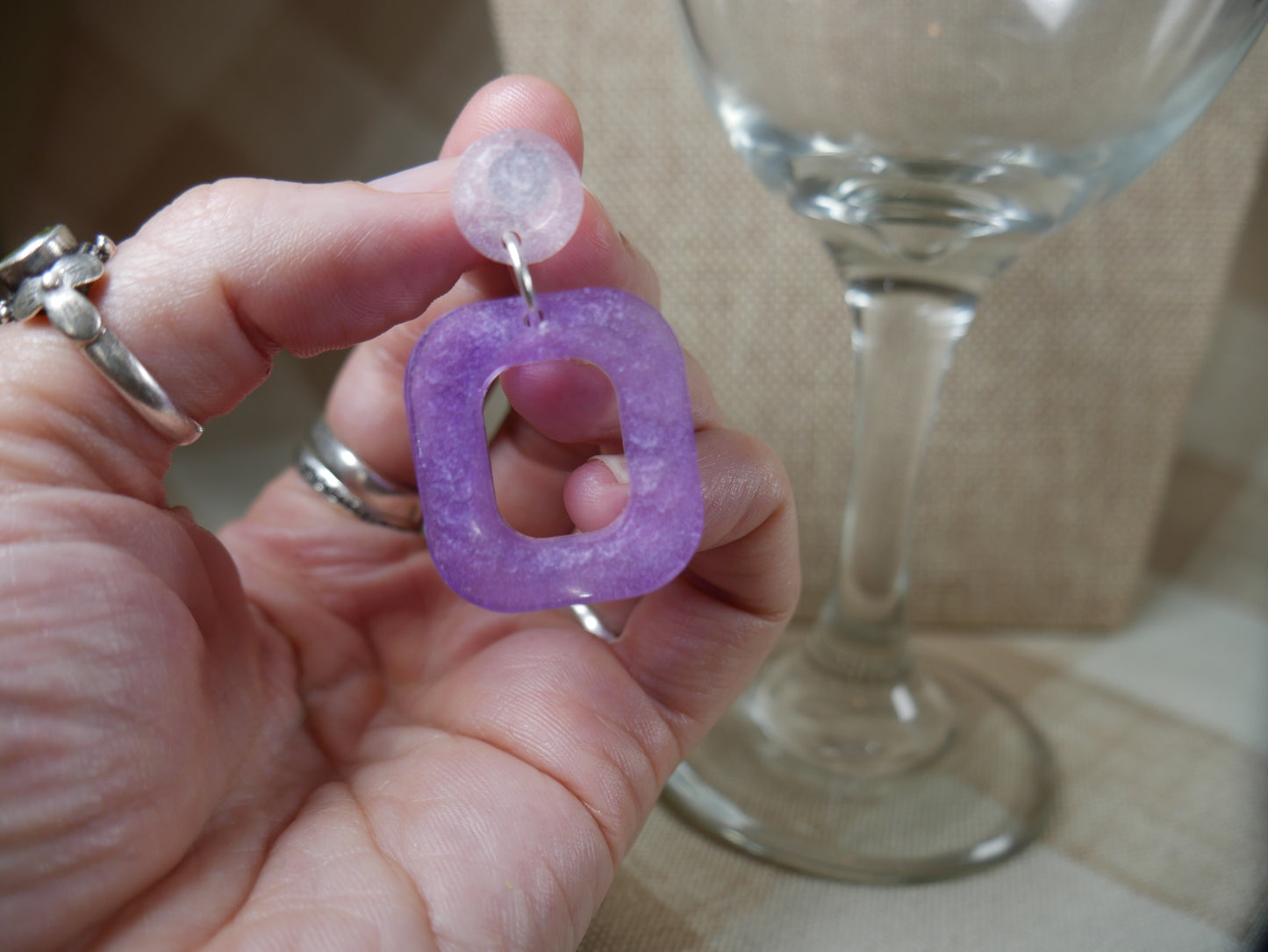 Resin Purple and White Square Earrings