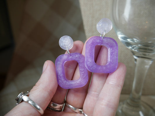 Resin Purple and White Square Earrings