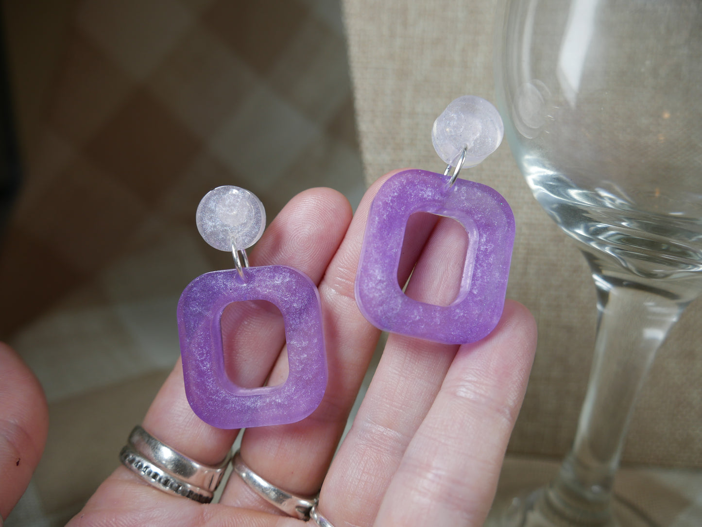 Resin Purple and White Square Earrings