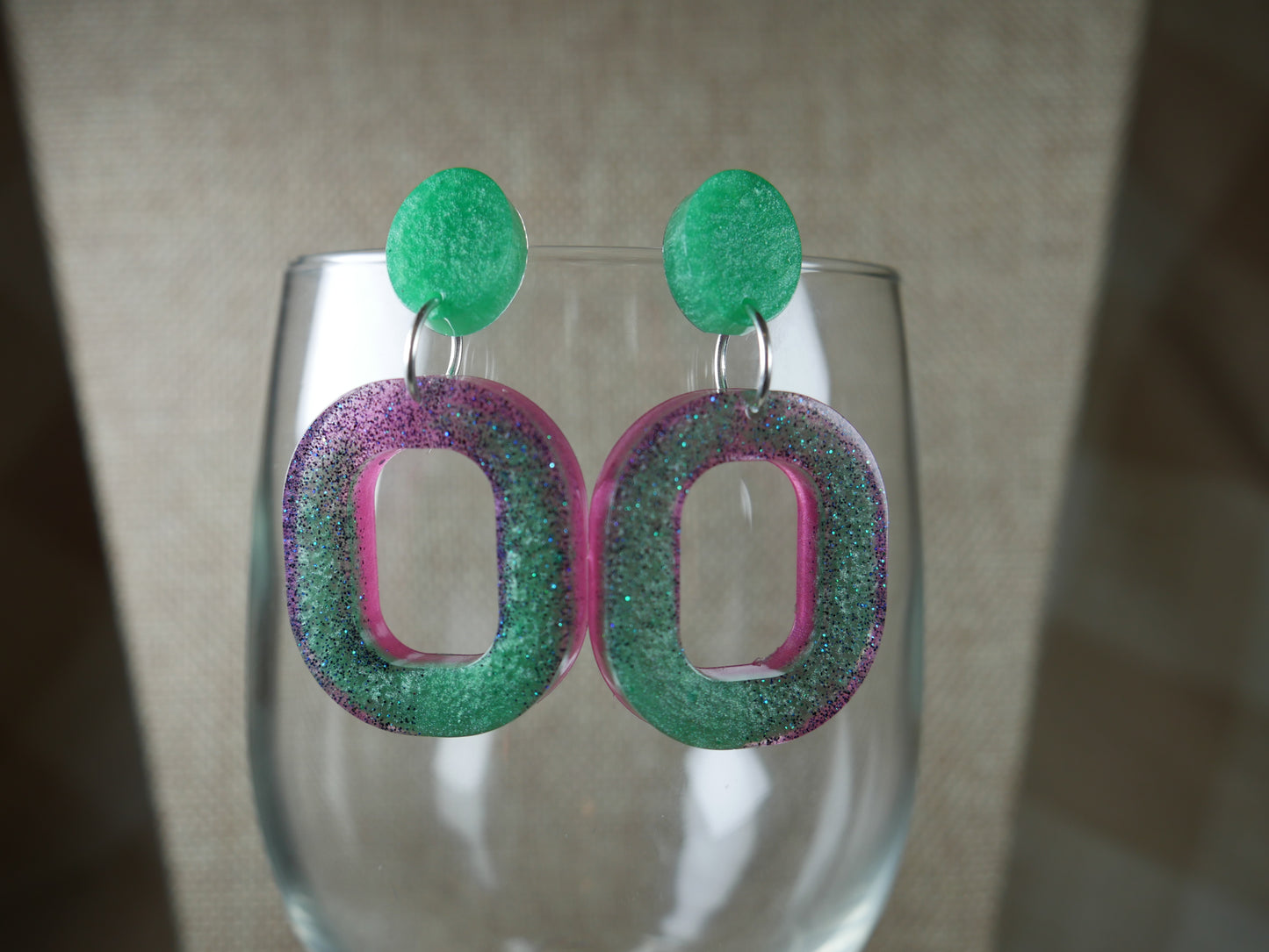 Resin Green and Pink Square Earrings