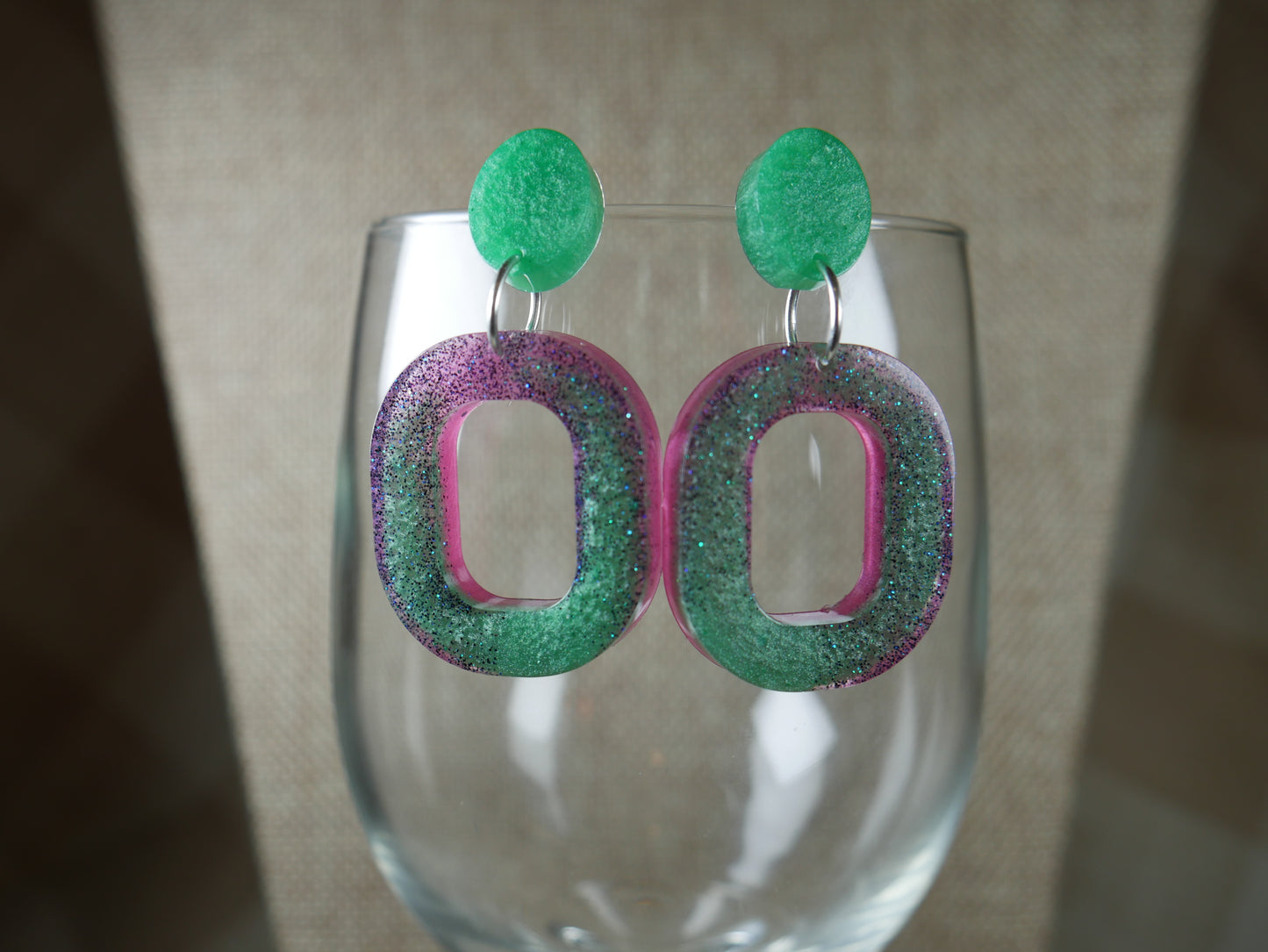 Resin Green and Pink Square Earrings