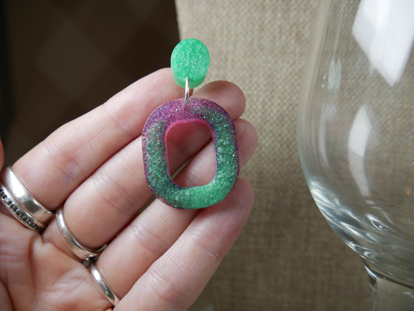 Resin Green and Pink Square Earrings