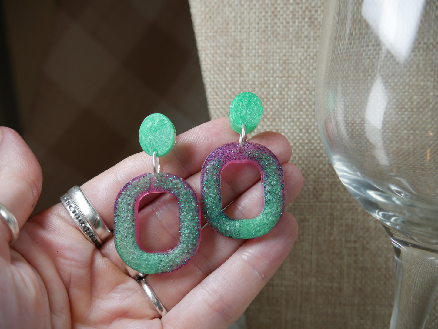 Resin Green and Pink Square Earrings