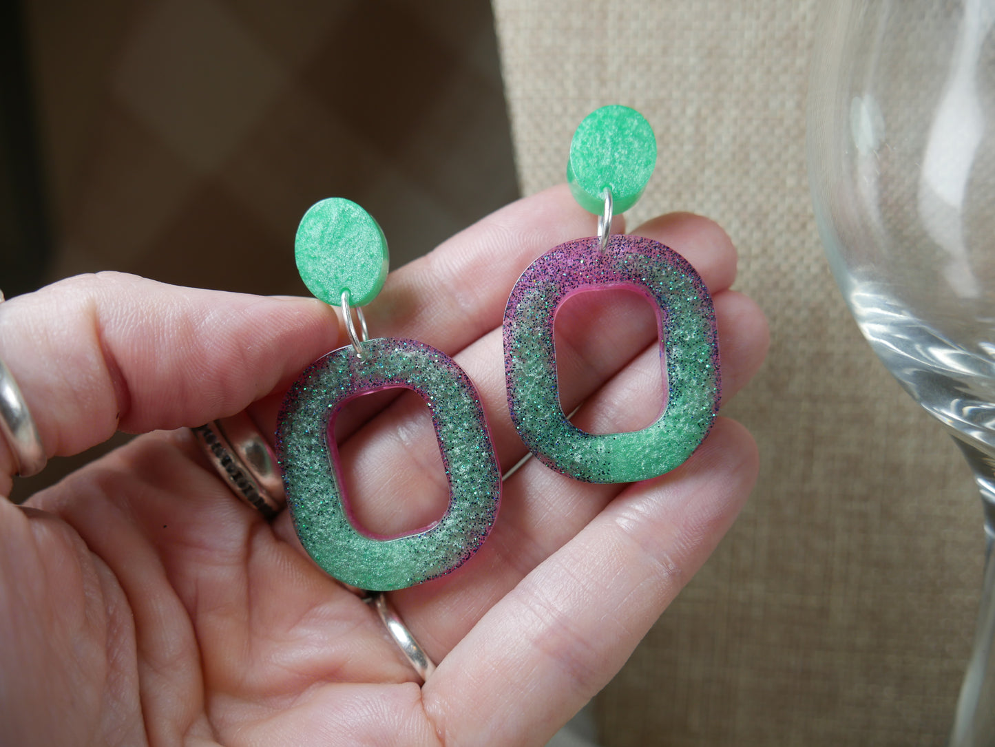 Resin Green and Pink Square Earrings