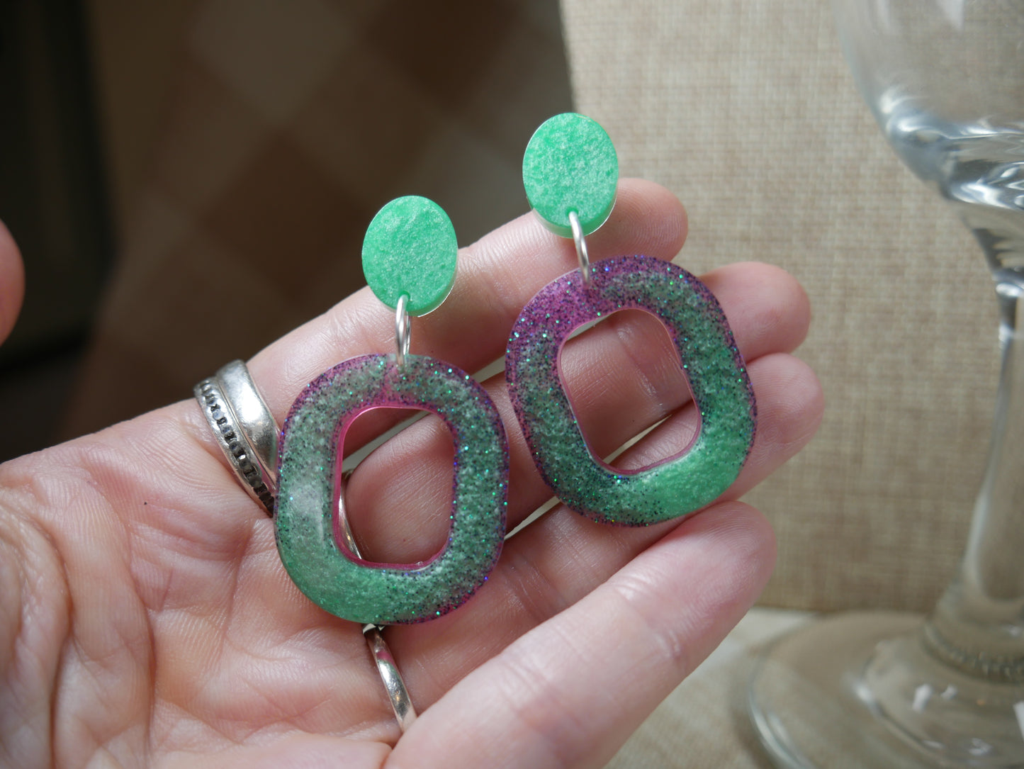 Resin Green and Pink Square Earrings