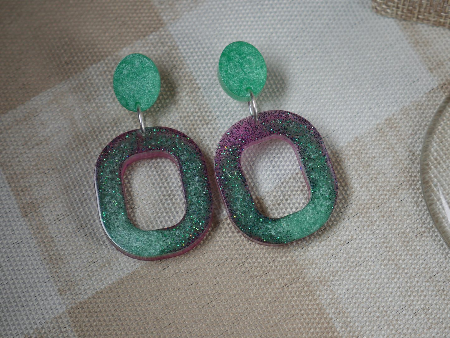 Resin Green and Pink Square Earrings