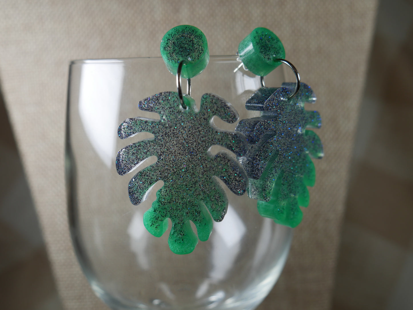 Resin Sparkly Gray and Green Leaf Earrings