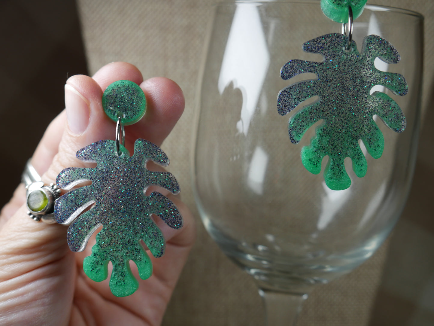 Resin Sparkly Gray and Green Leaf Earrings