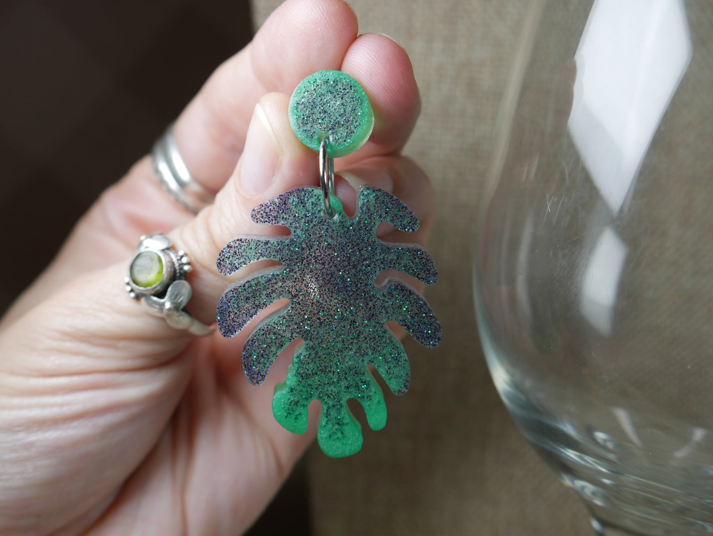 Resin Sparkly Gray and Green Leaf Earrings