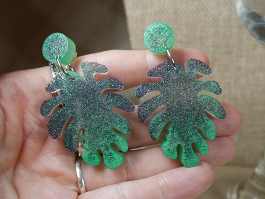 Resin Sparkly Gray and Green Leaf Earrings