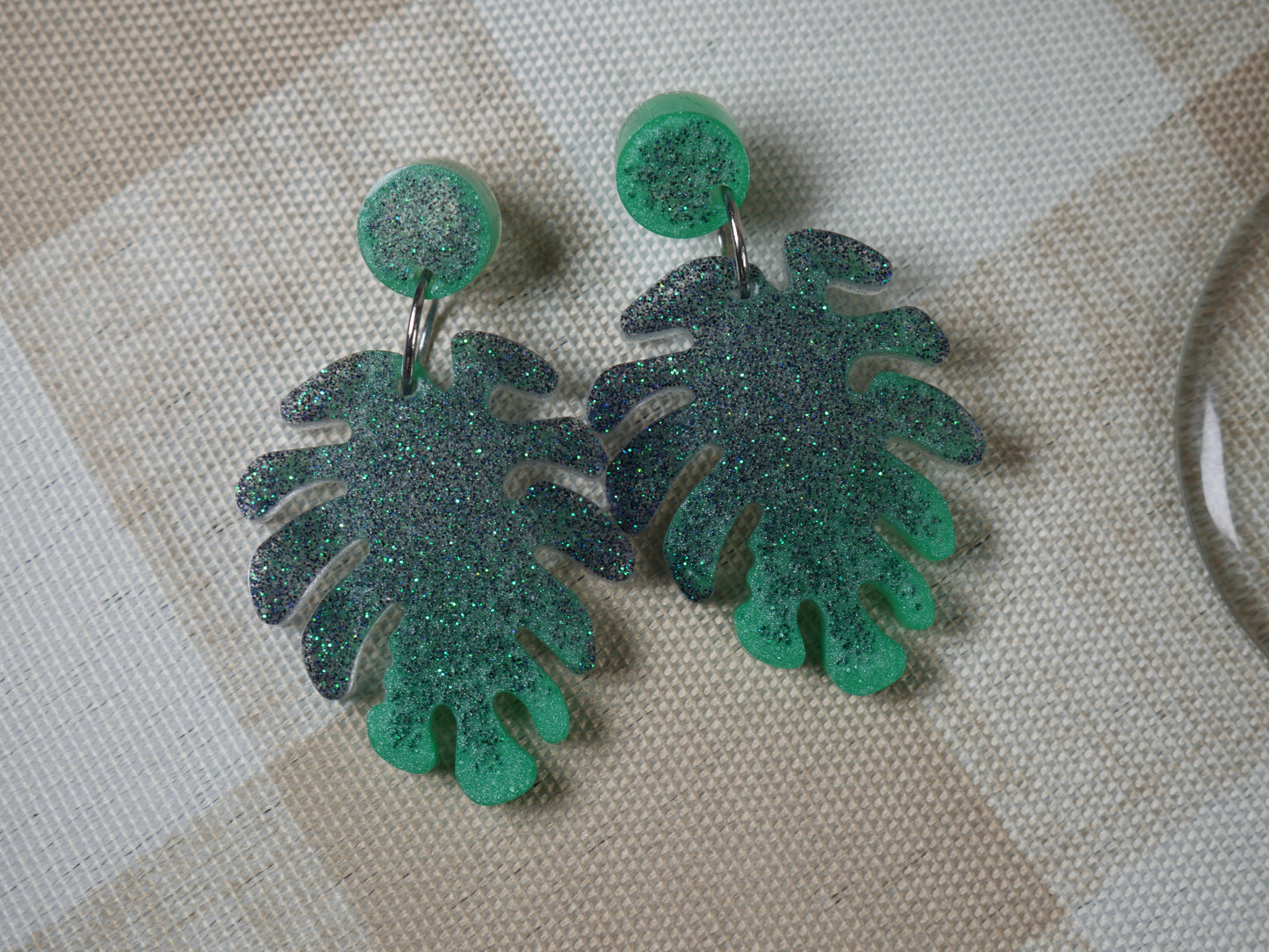 Resin Sparkly Gray and Green Leaf Earrings