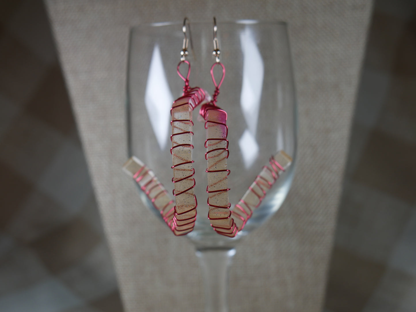 Resin Pink and Gold Wire Wrapped Corkscrew Earrings