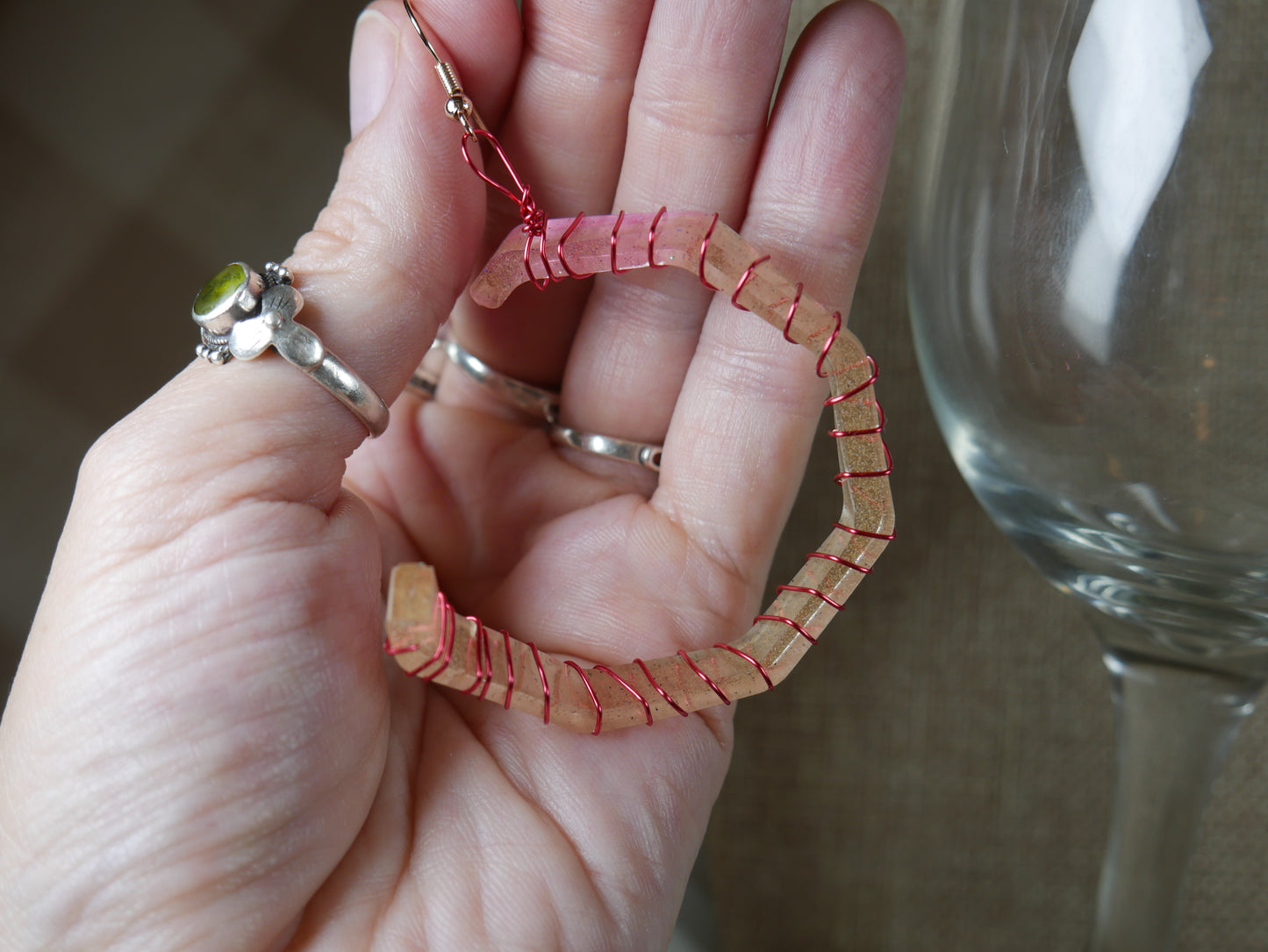 Resin Pink and Gold Wire Wrapped Corkscrew Earrings