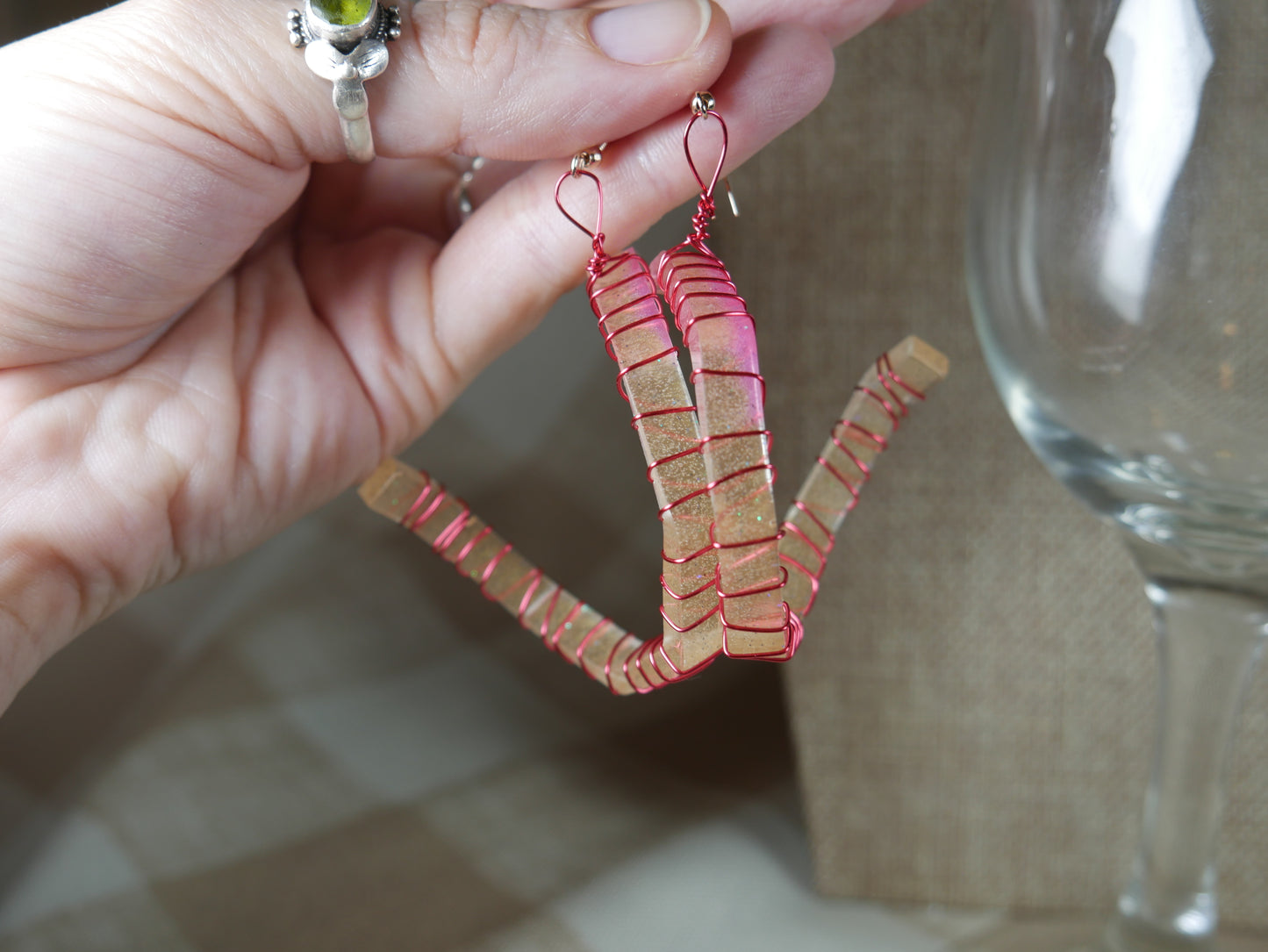 Resin Pink and Gold Wire Wrapped Corkscrew Earrings