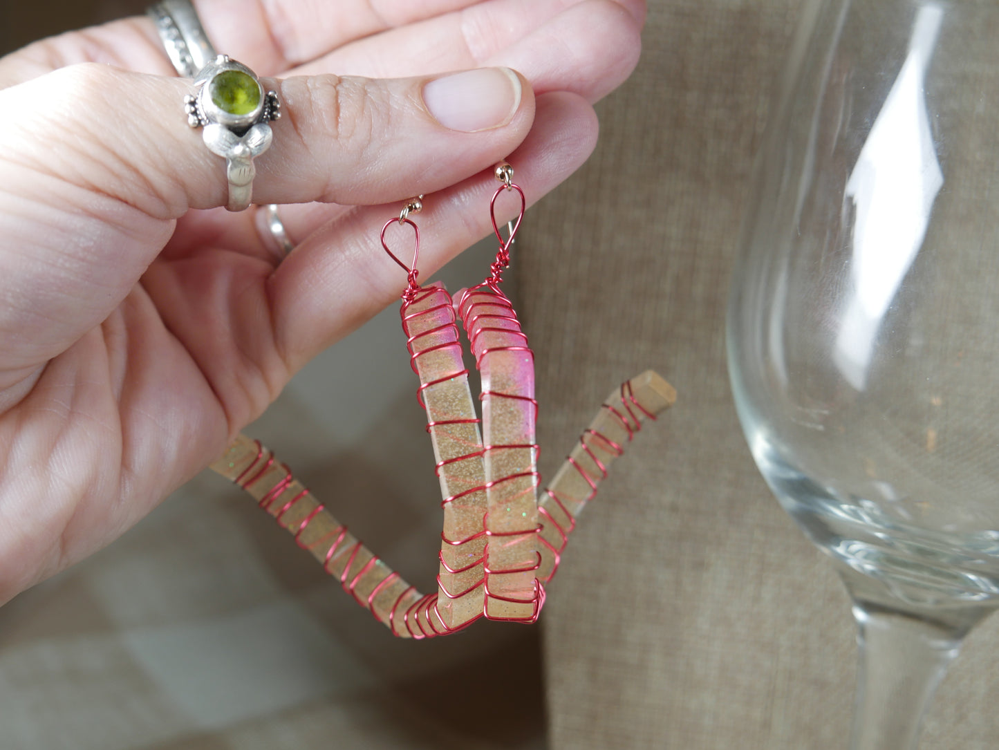 Resin Pink and Gold Wire Wrapped Corkscrew Earrings