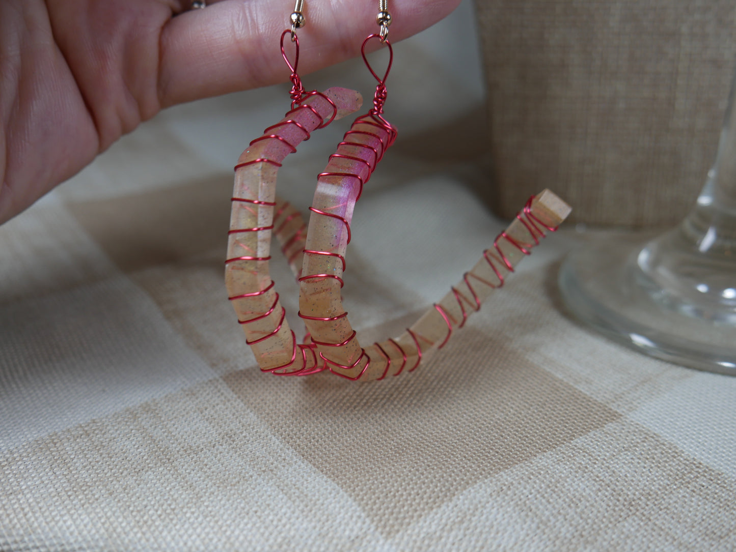 Resin Pink and Gold Wire Wrapped Corkscrew Earrings