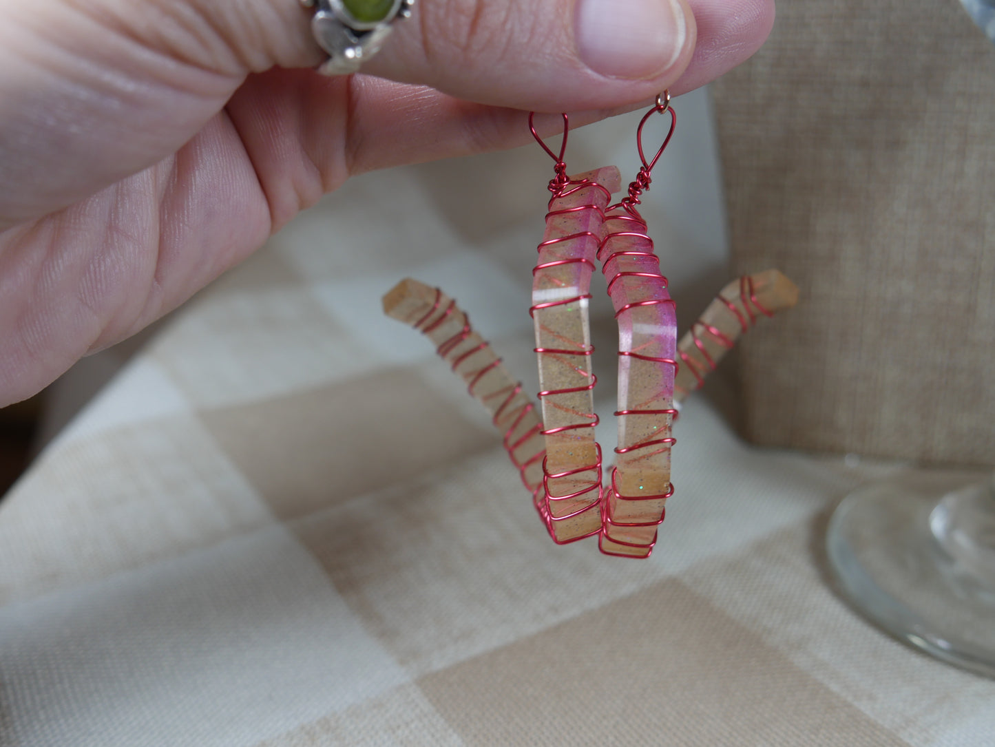 Resin Pink and Gold Wire Wrapped Corkscrew Earrings