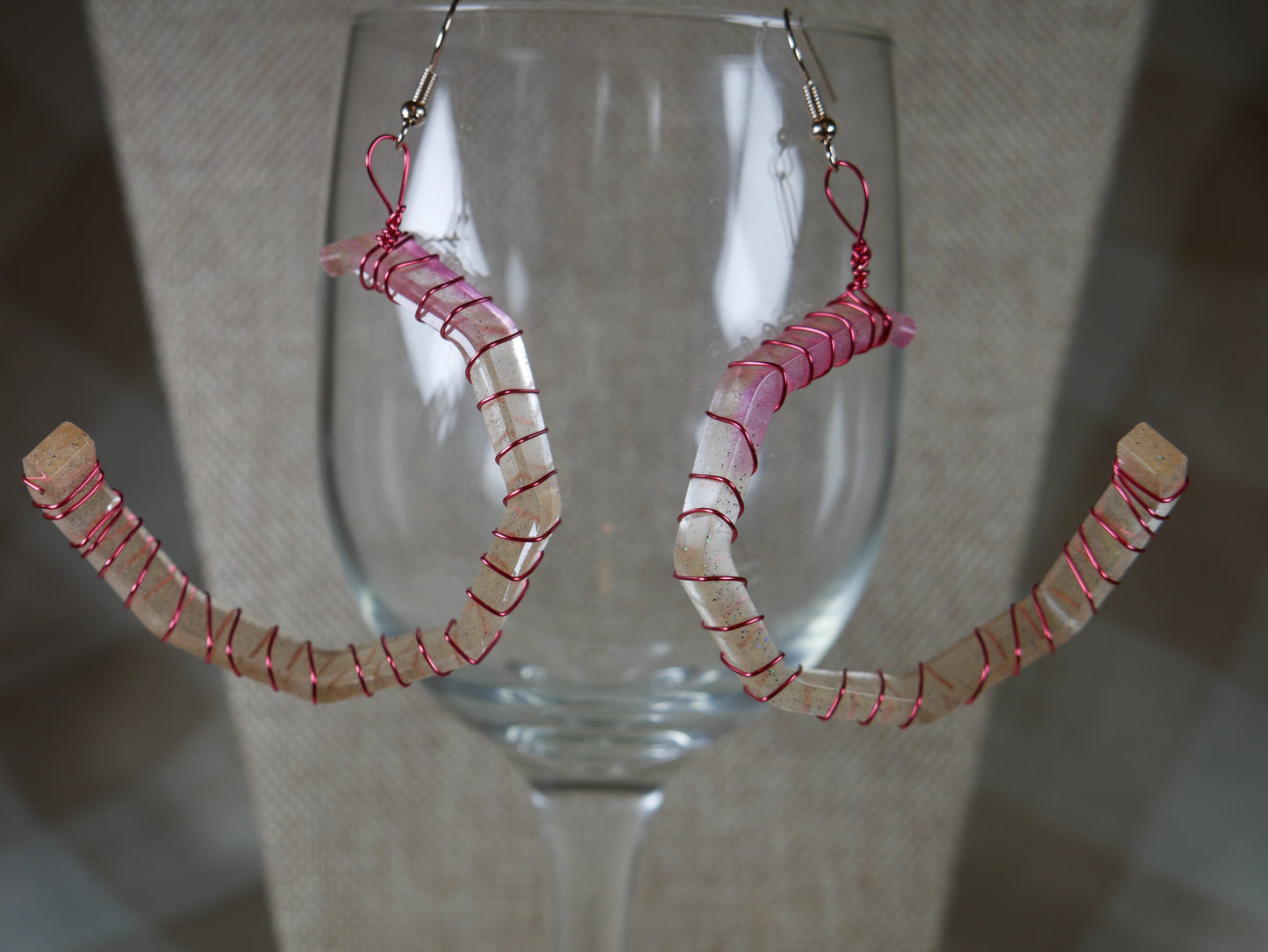 Resin Pink and Gold Wire Wrapped Corkscrew Earrings