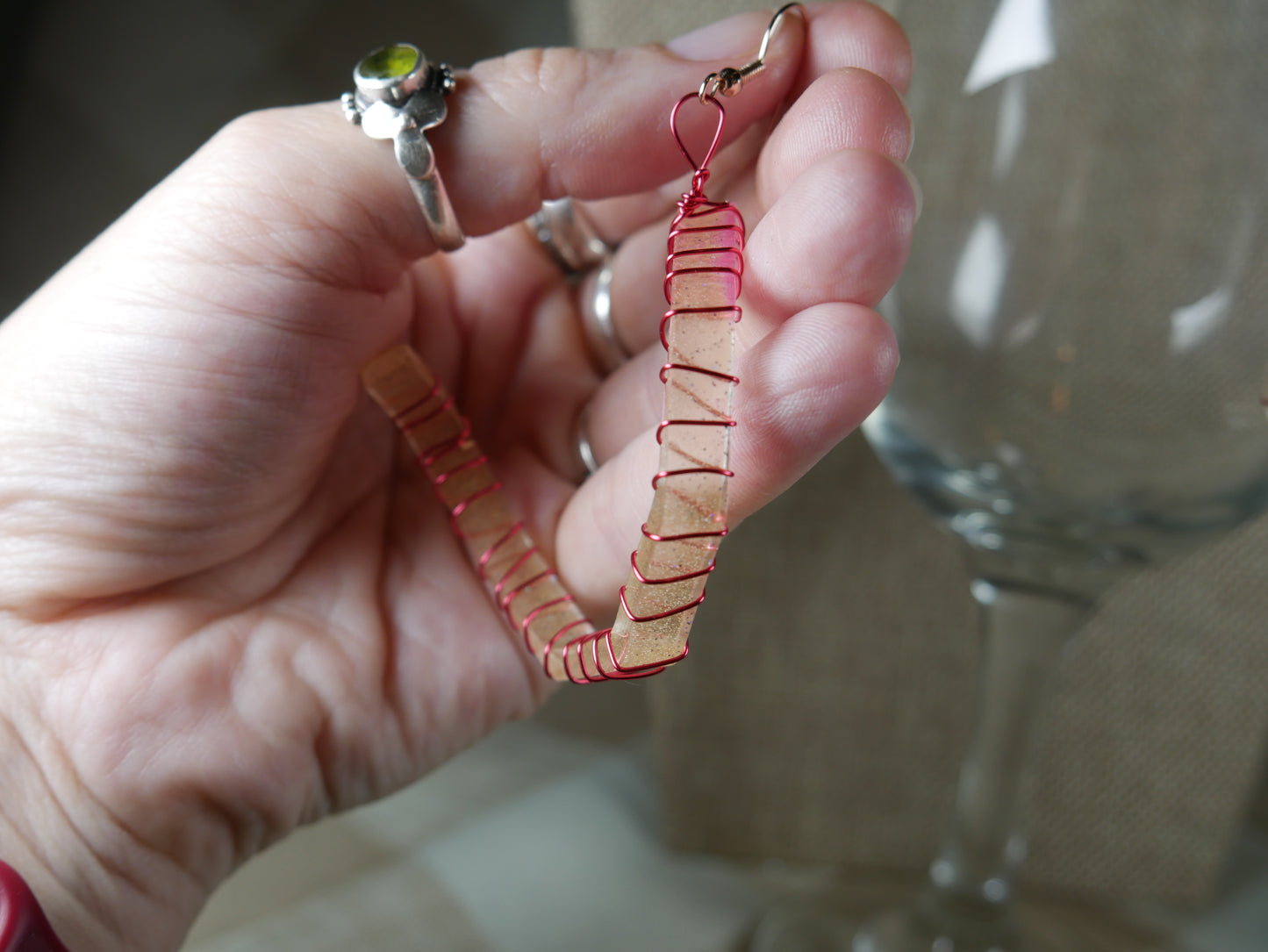 Resin Pink and Gold Wire Wrapped Corkscrew Earrings