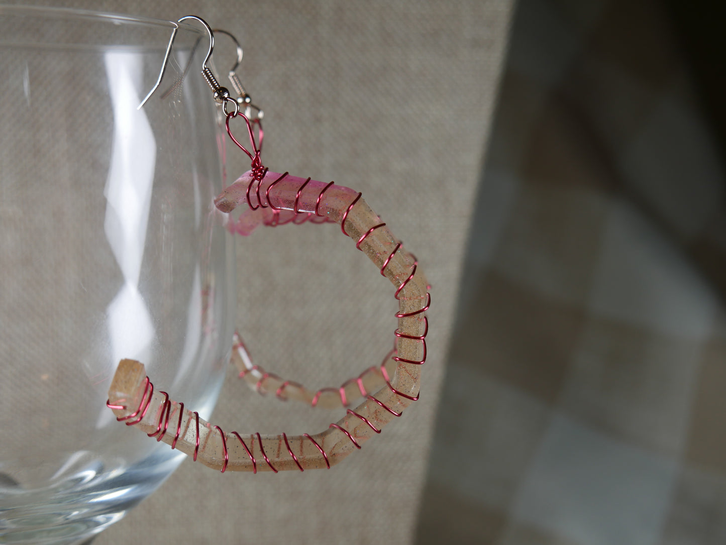 Resin Pink and Gold Wire Wrapped Corkscrew Earrings