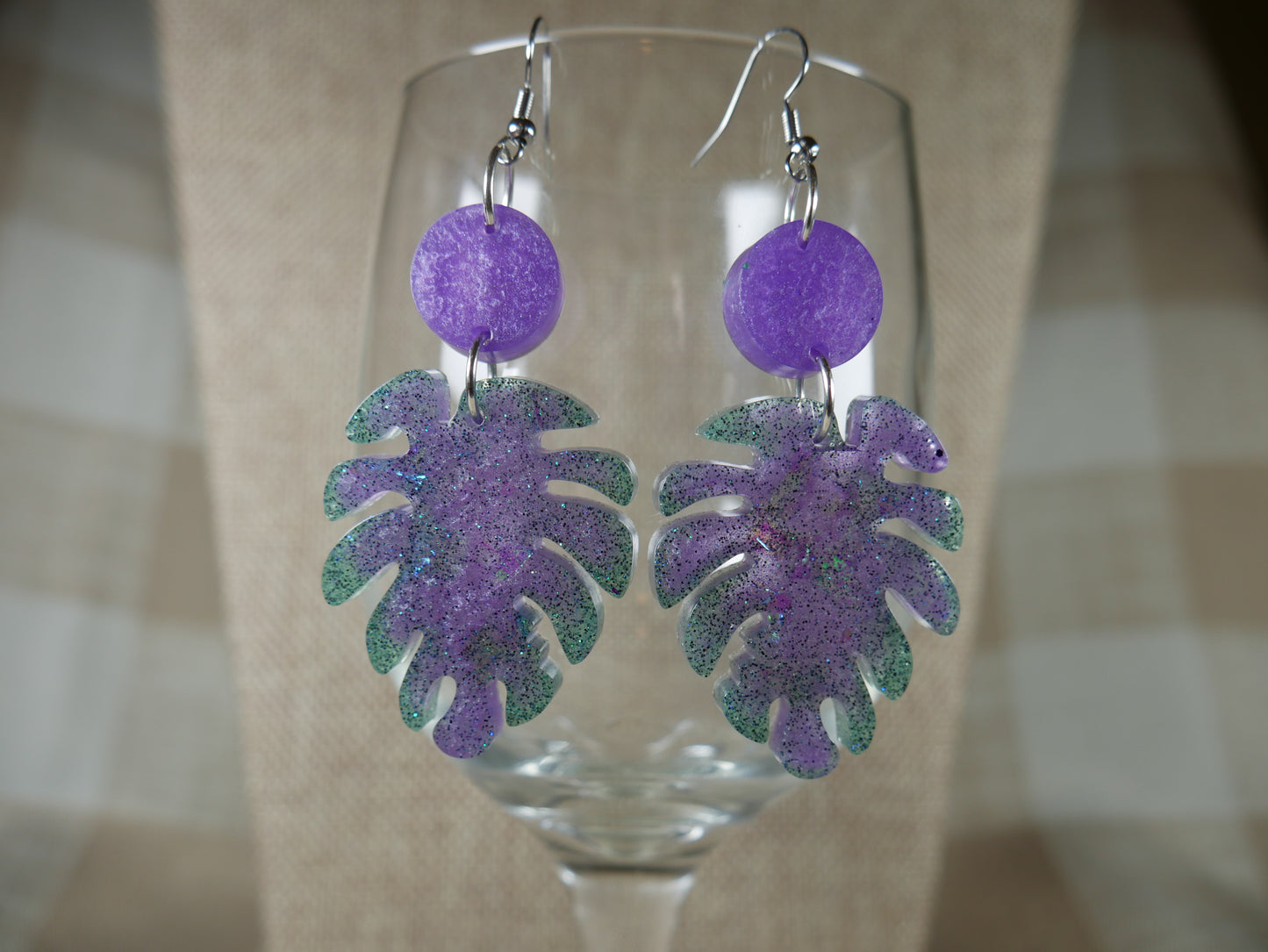 Resin Sparkly Purple and Green Leaf Earrings