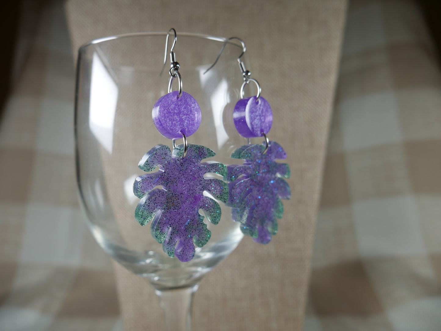 Resin Sparkly Purple and Green Leaf Earrings