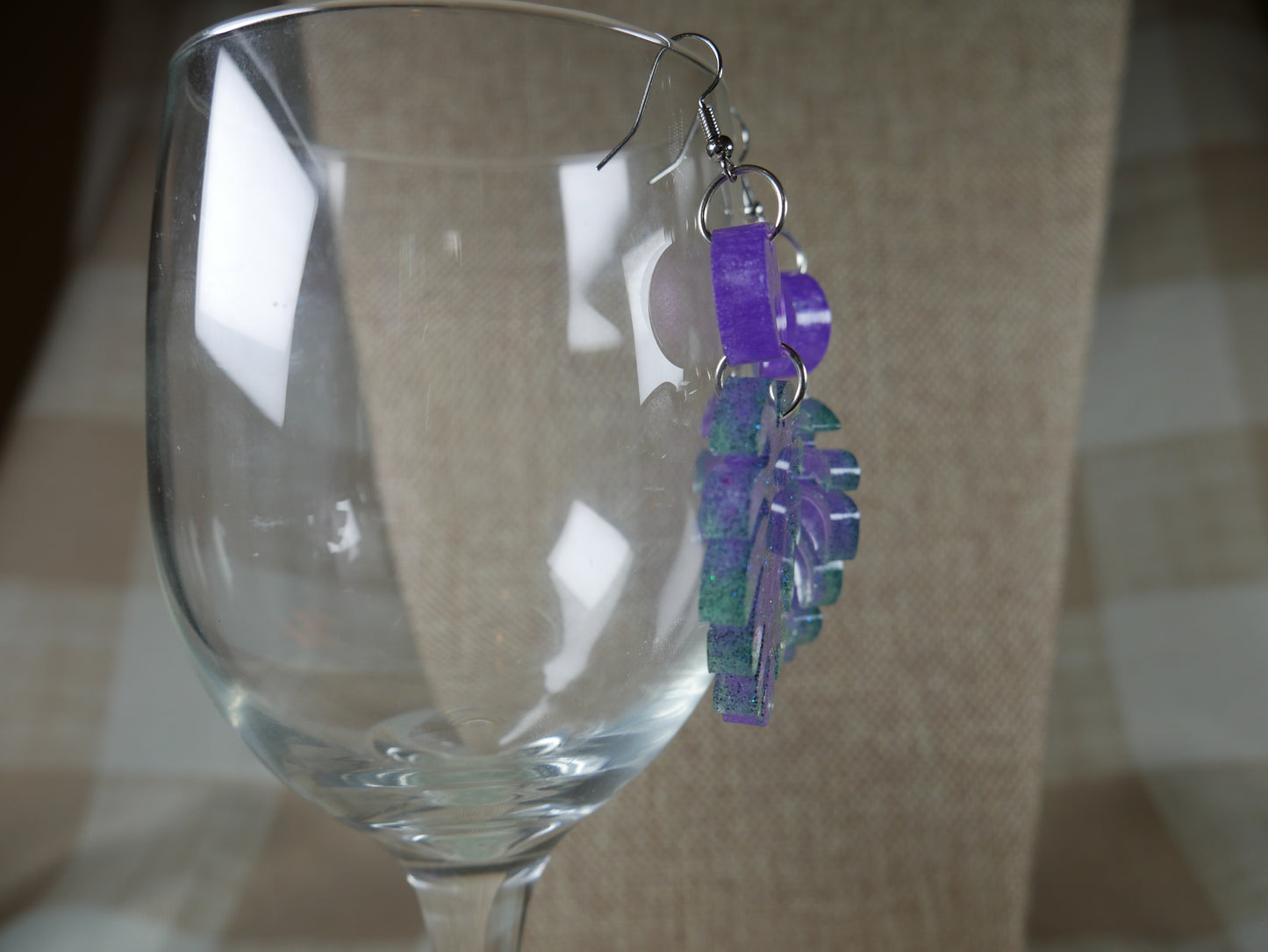 Resin Sparkly Purple and Green Leaf Earrings