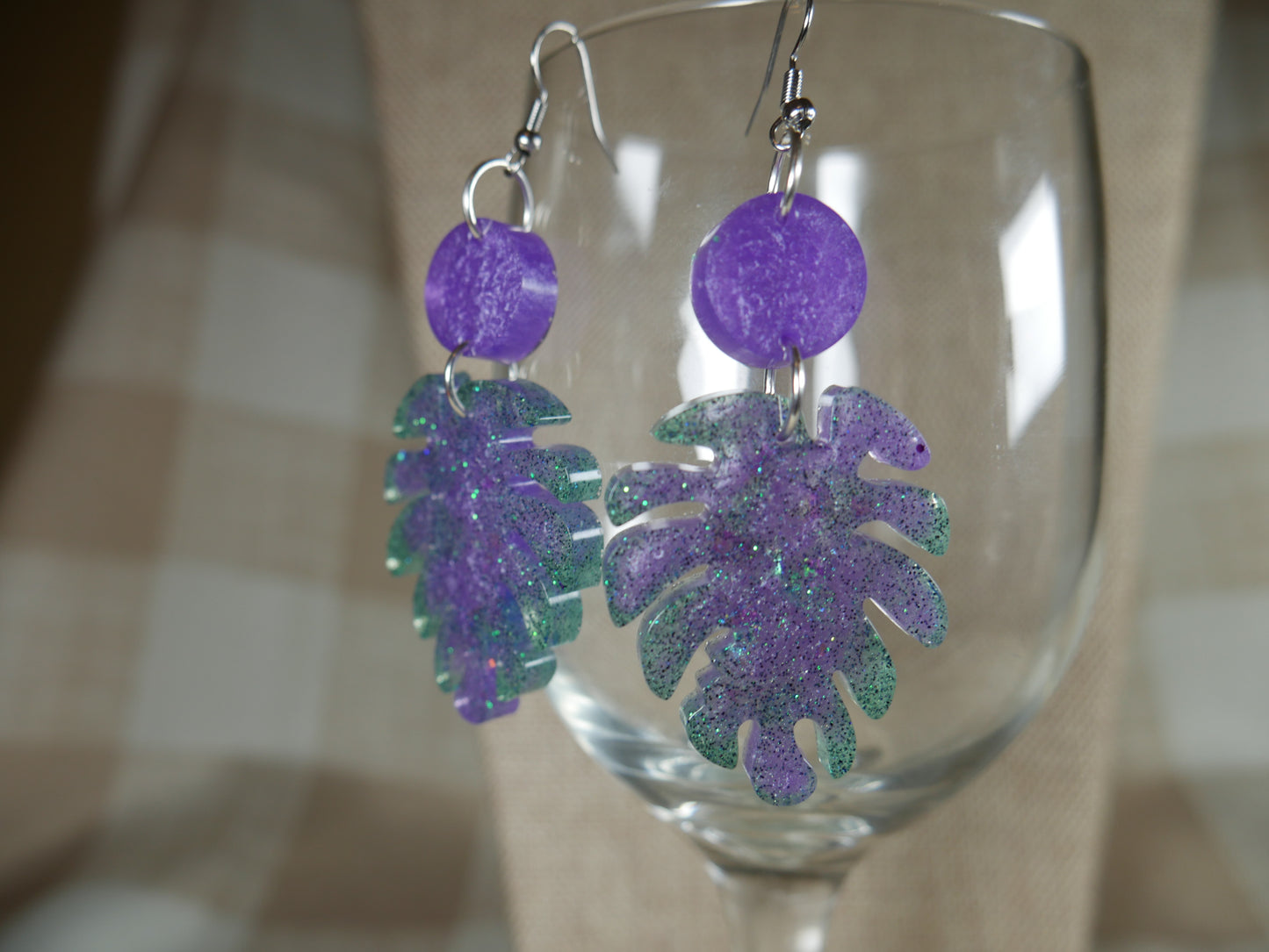 Resin Sparkly Purple and Green Leaf Earrings