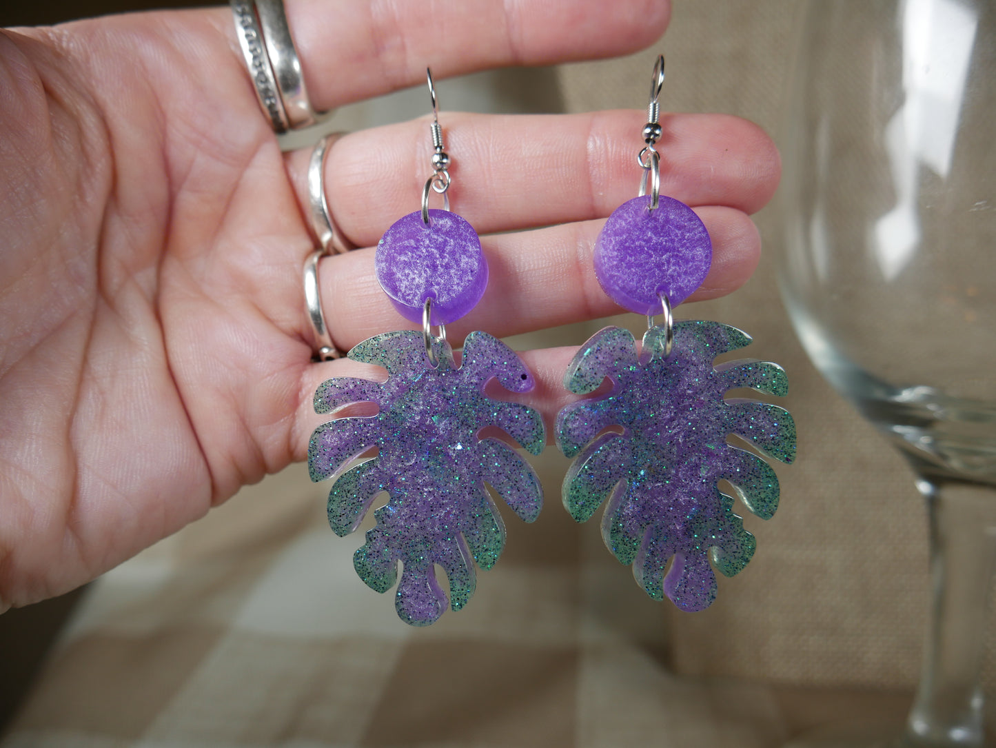 Resin Sparkly Purple and Green Leaf Earrings