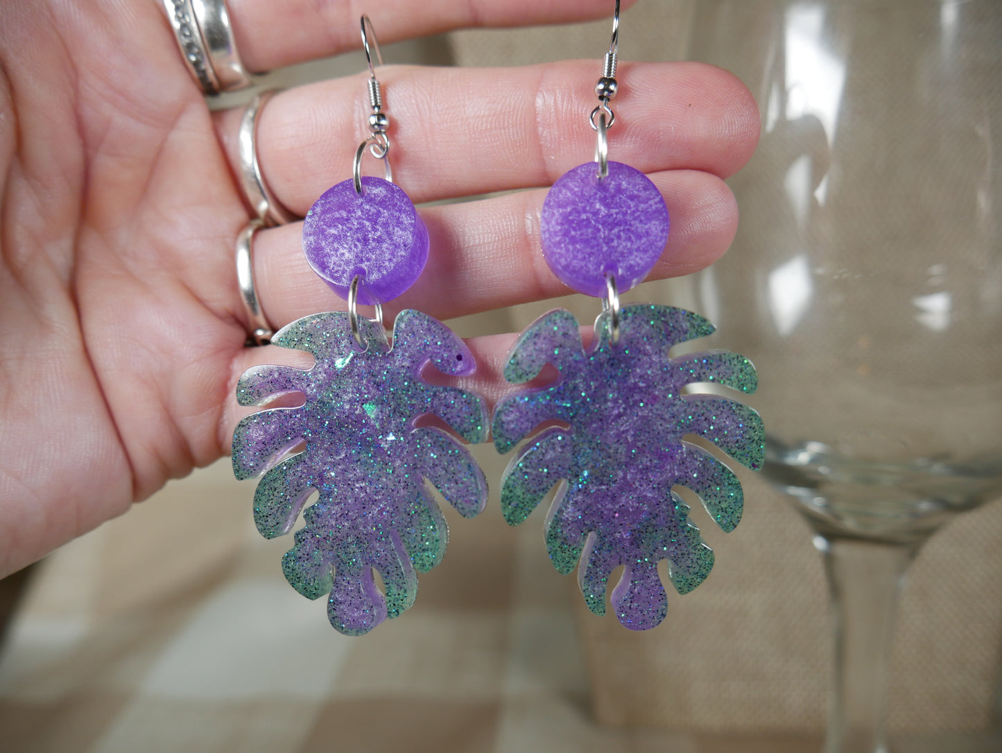 Resin Sparkly Purple and Green Leaf Earrings