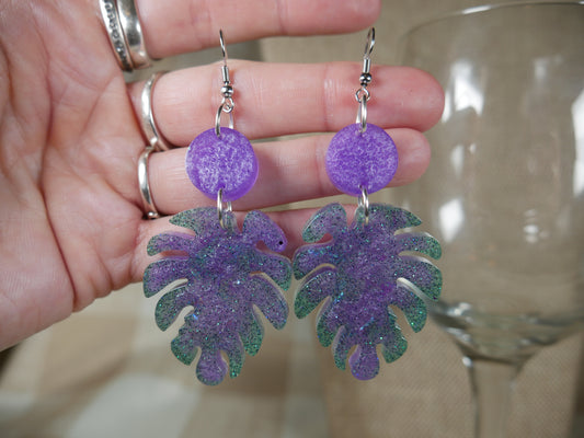 Resin Sparkly Purple and Green Leaf Earrings