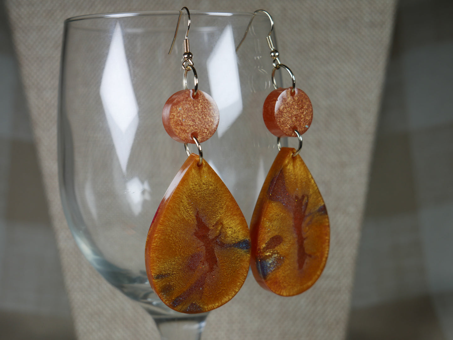 Resin Copper, Gray and Gold Colored Teardrop Shaped Earrings