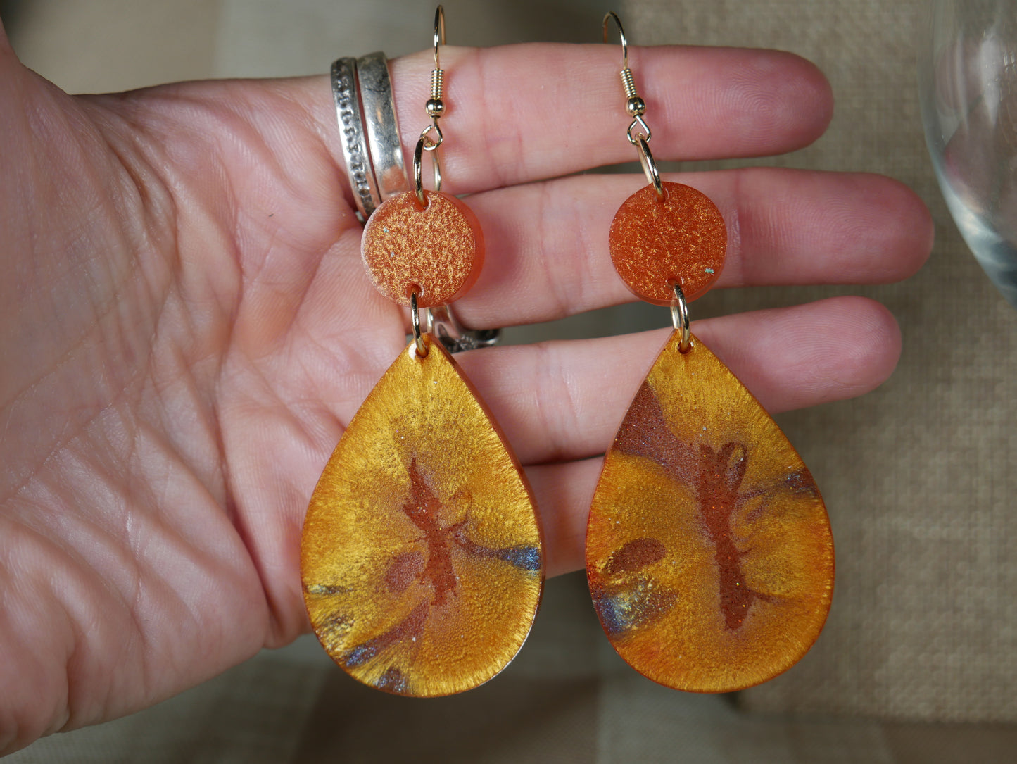 Resin Copper, Gray and Gold Colored Teardrop Shaped Earrings