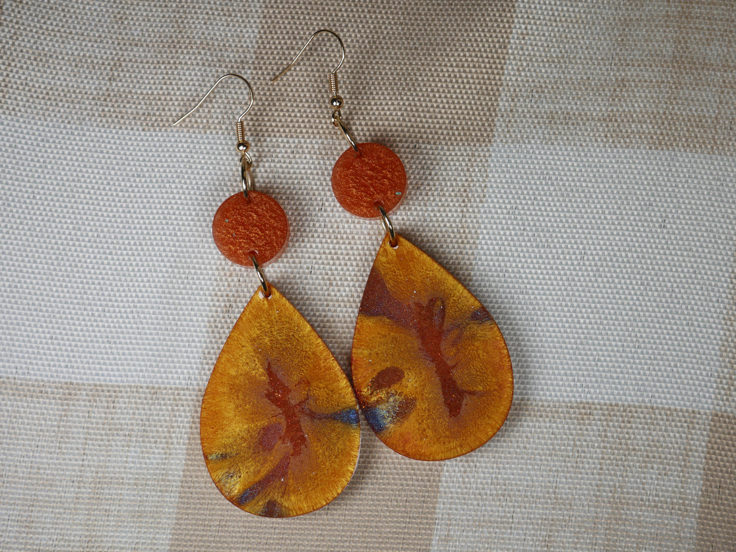 Resin Copper, Gray and Gold Colored Teardrop Shaped Earrings