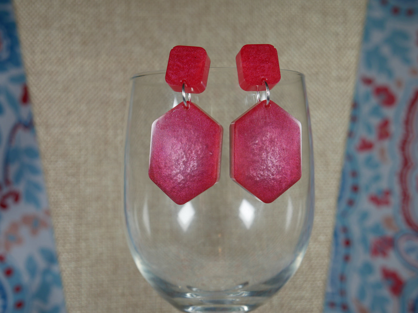 Resin Red and Silver Geometric Earrings