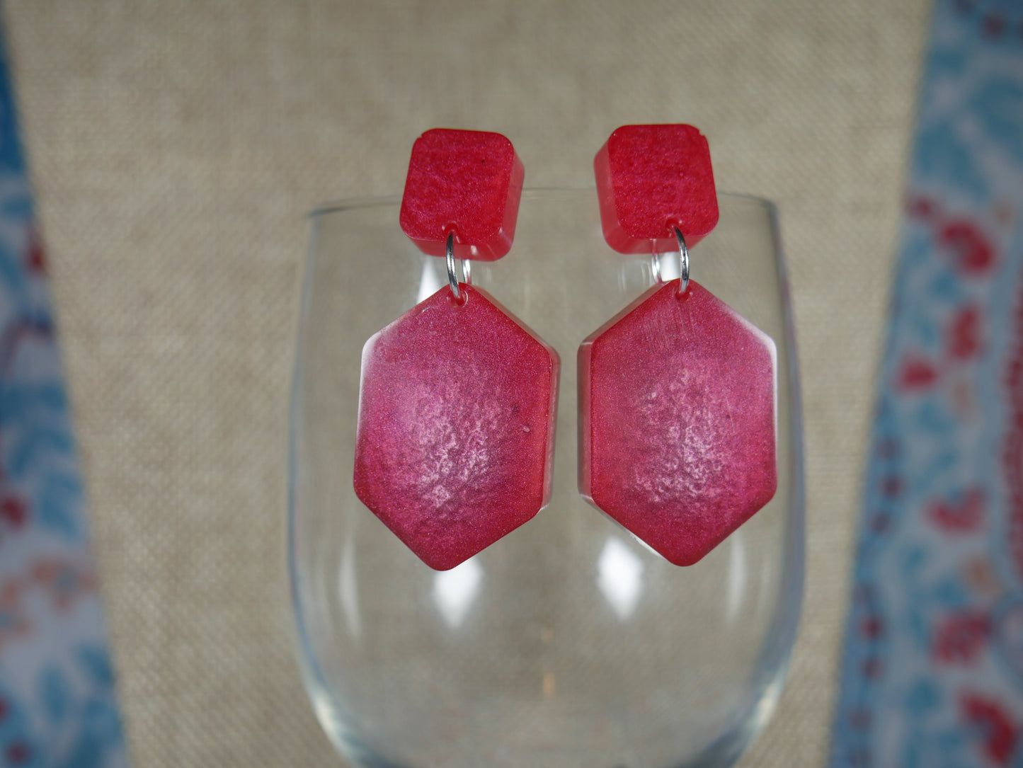 Resin Red and Silver Geometric Earrings