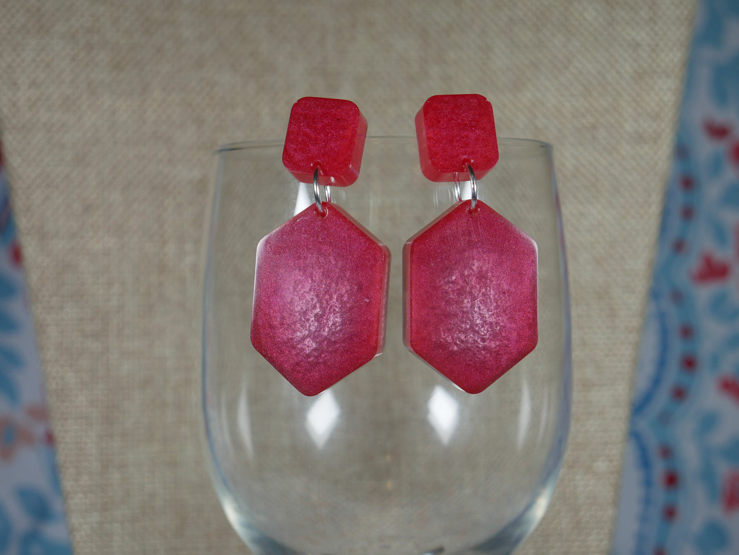 Resin Red and Silver Geometric Earrings