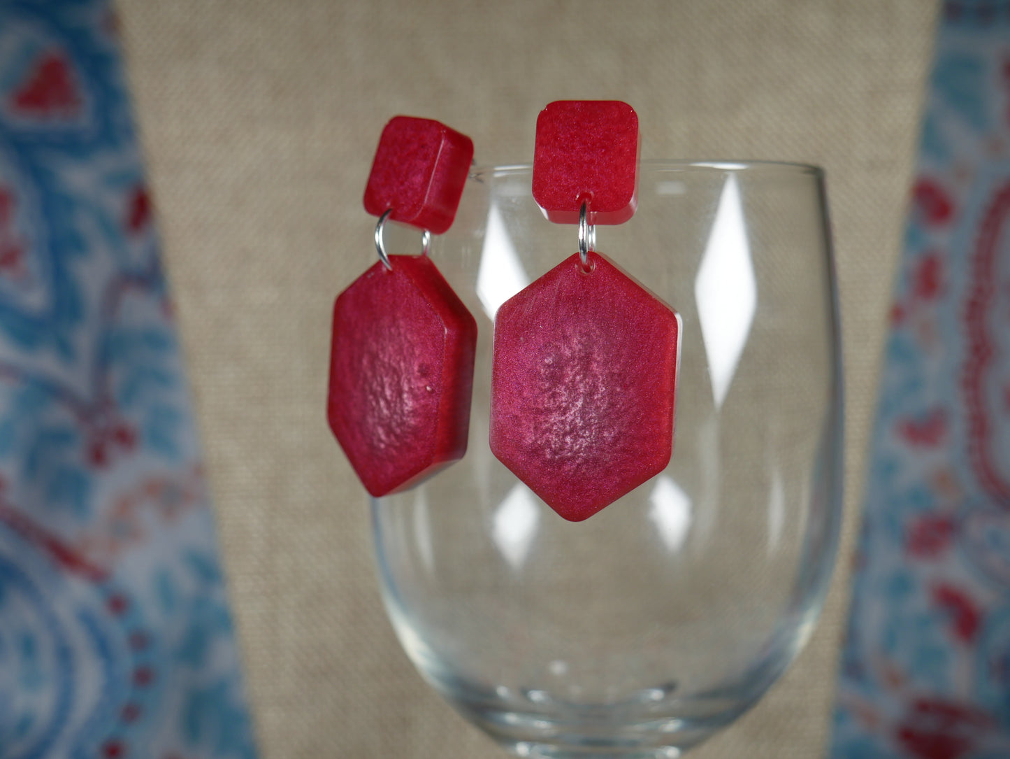 Resin Red and Silver Geometric Earrings