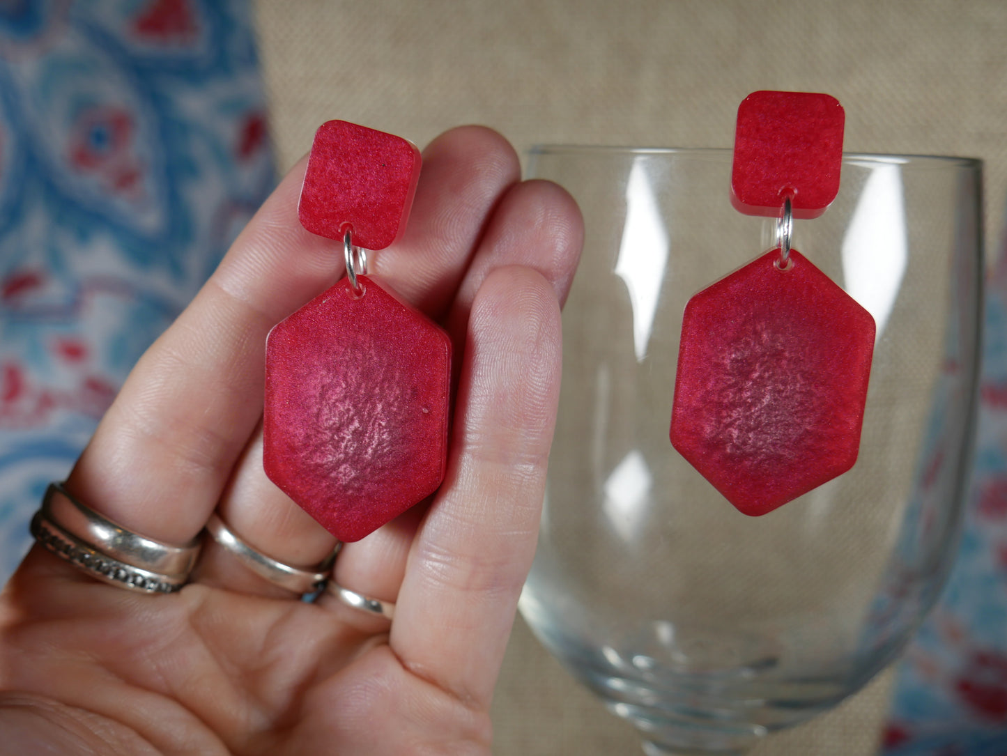 Resin Red and Silver Geometric Earrings