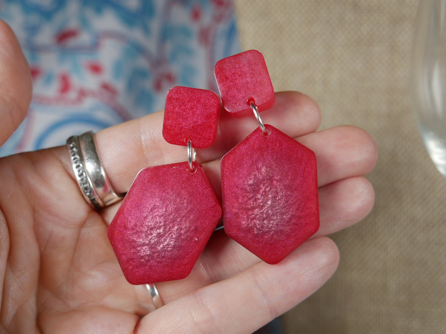 Resin Red and Silver Geometric Earrings