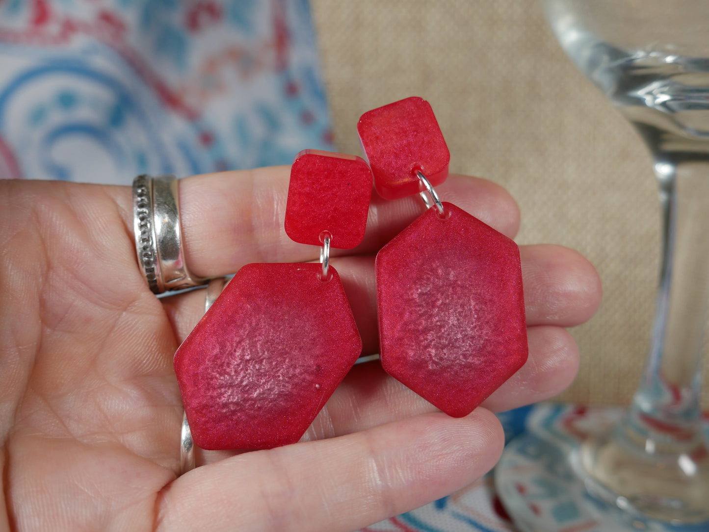 Resin Red and Silver Geometric Earrings