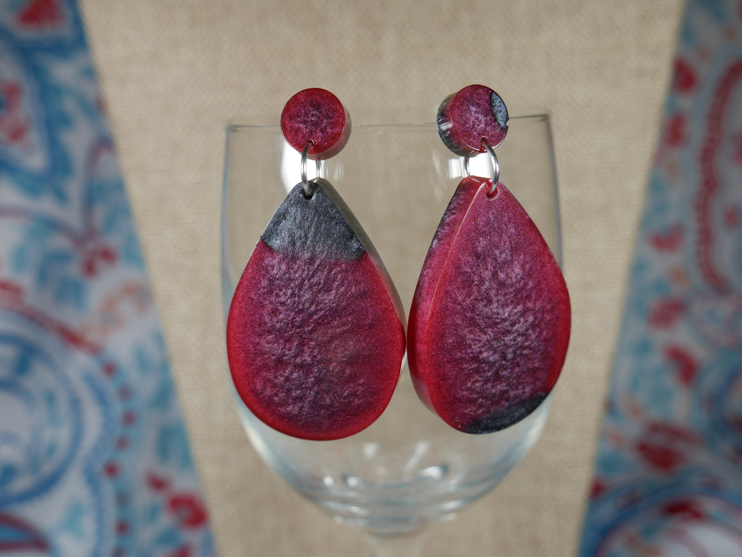 Resin Cranberry Red and Silver/Black Teardrop Shaped Earrings