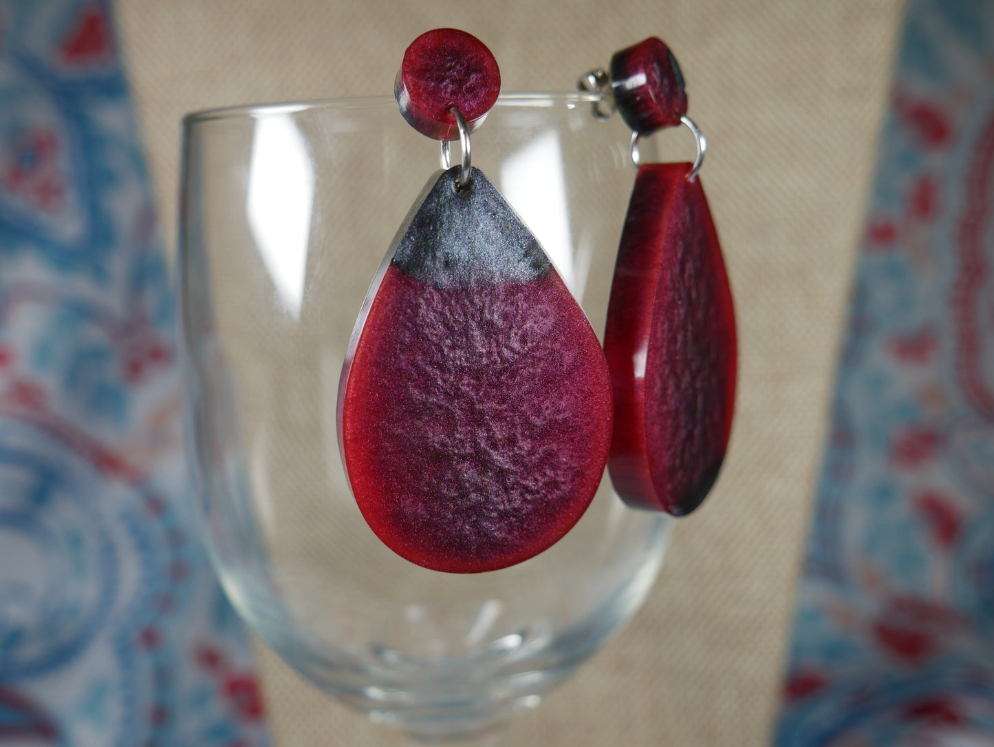 Resin Cranberry Red and Silver/Black Teardrop Shaped Earrings